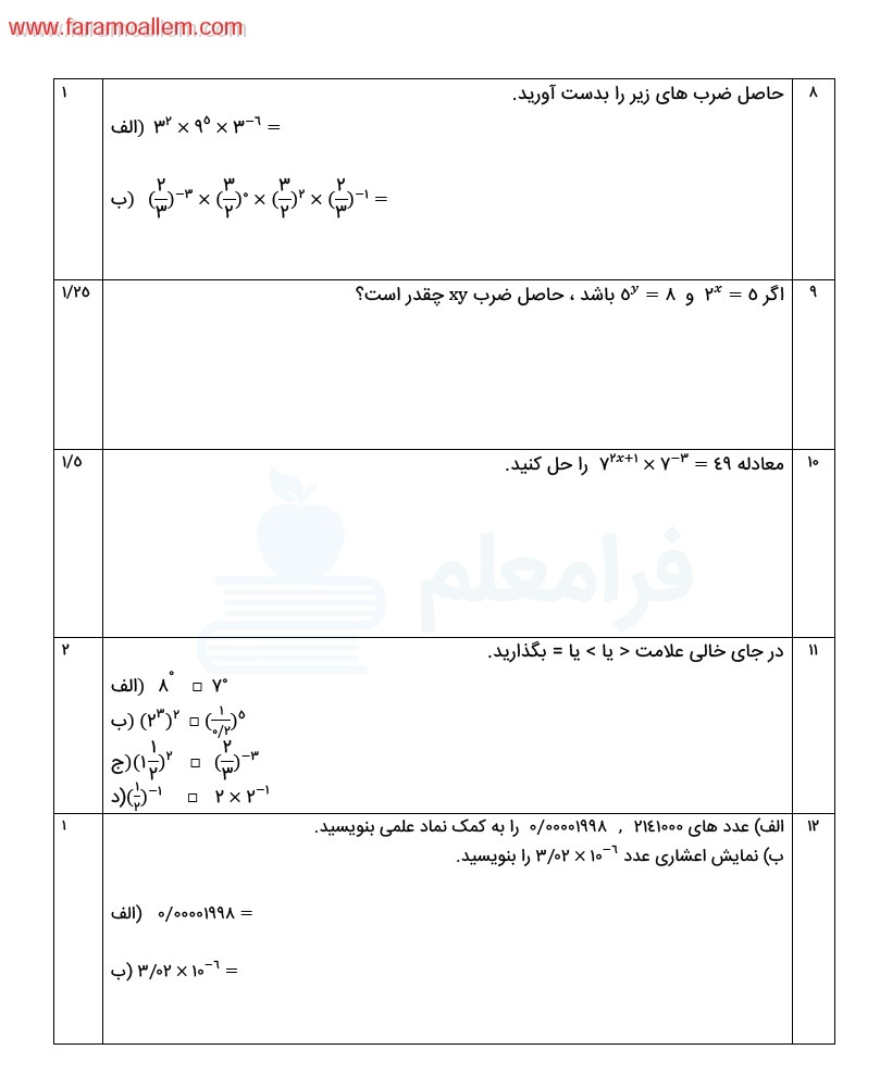 نمونه سوال تشریحی ریاضی نهم فصل 4 صفحه 2