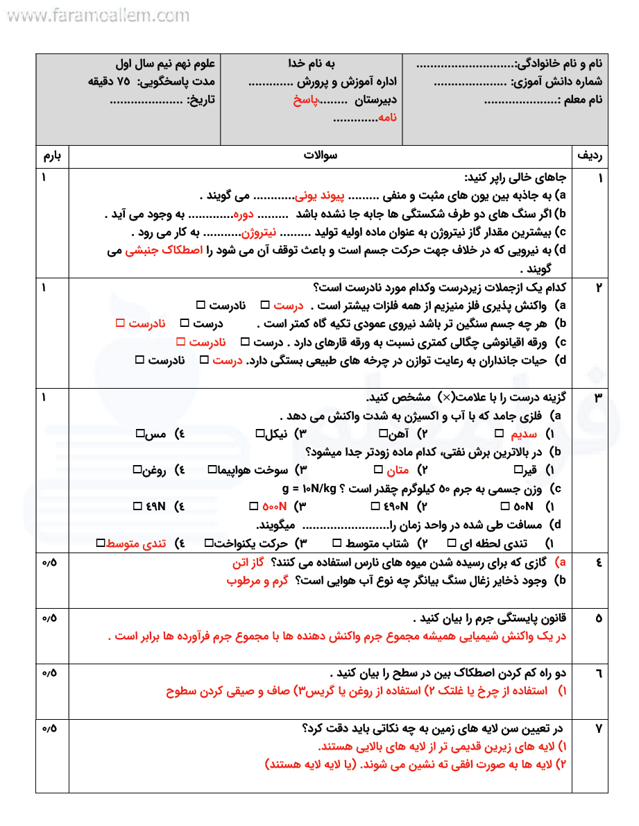 مجموعه نمونه سوال دی علوم نهم با جواب تشریحی