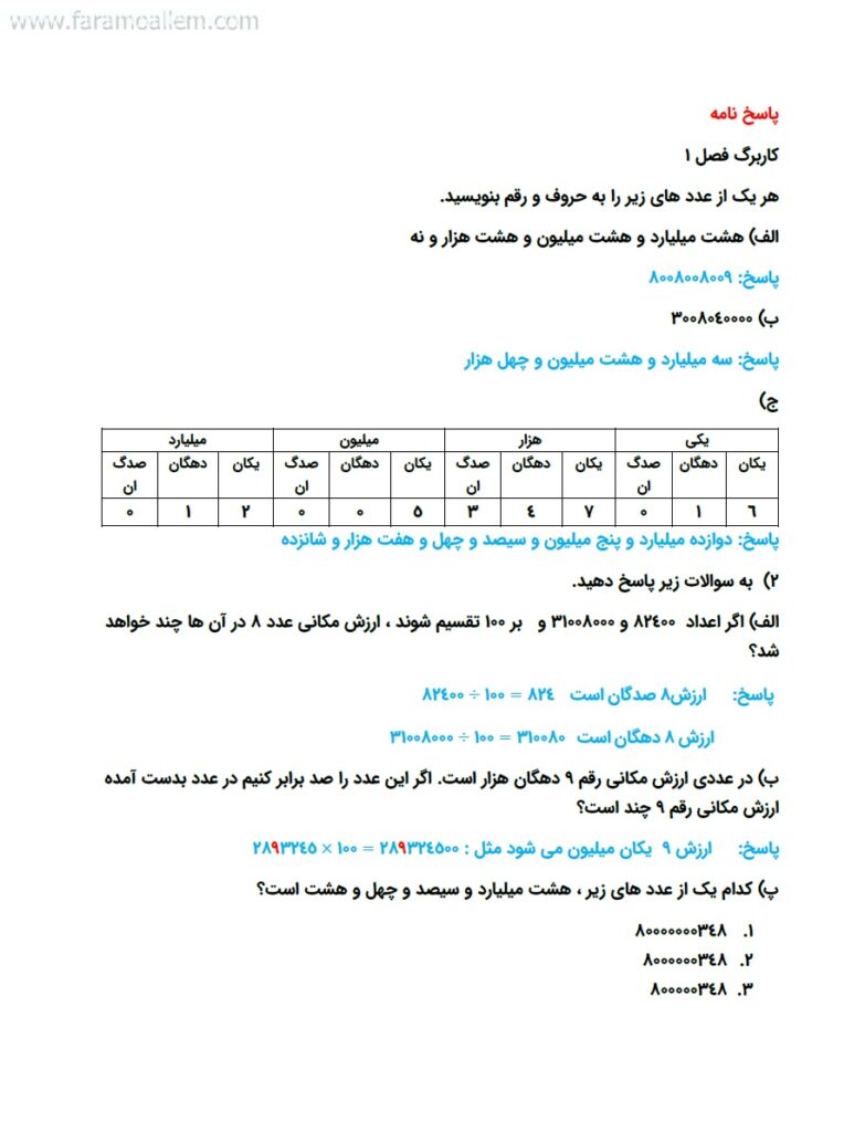 کاربرگ ریاضی پنجم فصل 1 صفحه 6