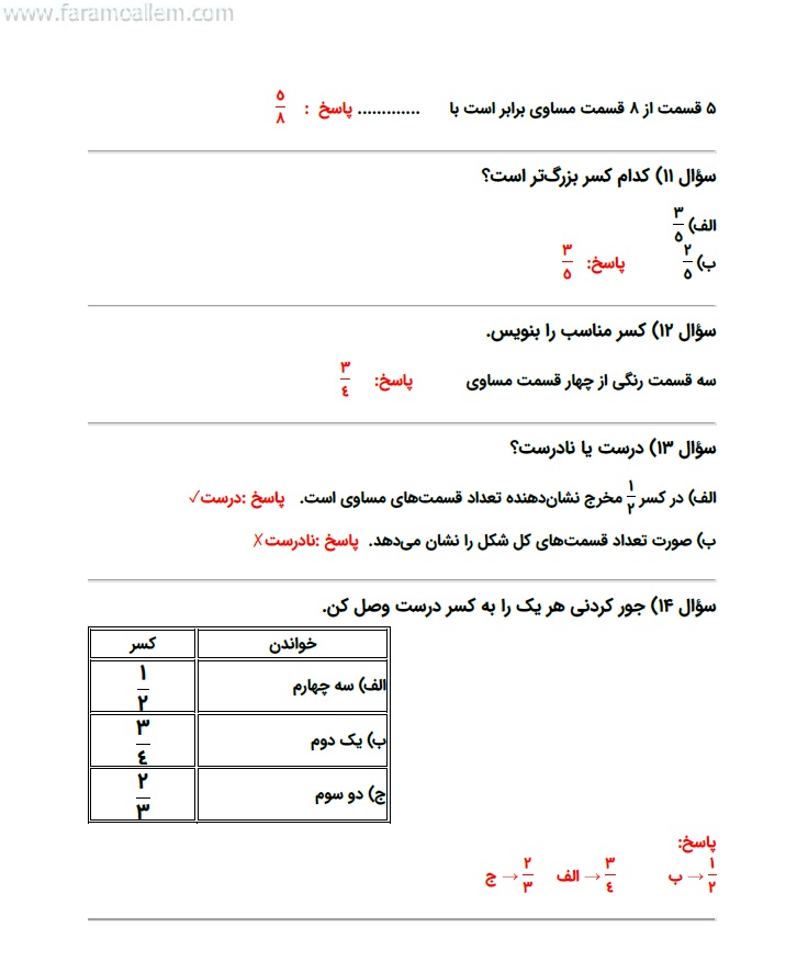 کاربرگ ریاضی سوم فصل 3 : عددهای کسری صفحه 10