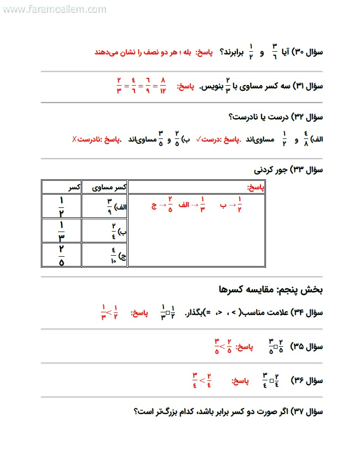کاربرگ ریاضی سوم فصل 3 : عددهای کسری صفحه 13