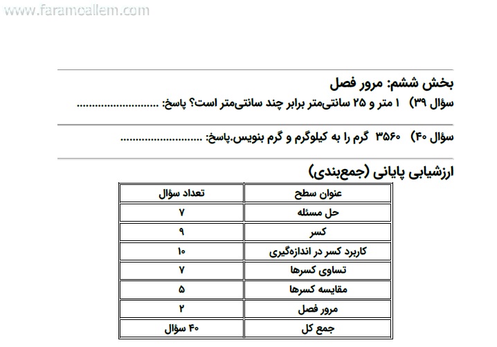 کاربرگ ریاضی سوم فصل 3 : عددهای کسری صفحه 7