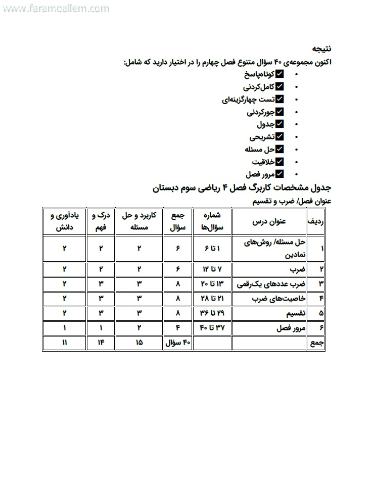 کاربرگ ریاضی سوم فصل 4 صفحه 10