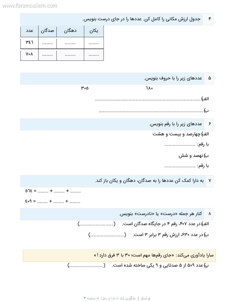 کاربرگ ریاضی دوم فصل 4 : عددهای سه‌رقمی + پاسخنامه صفحه شماره 3