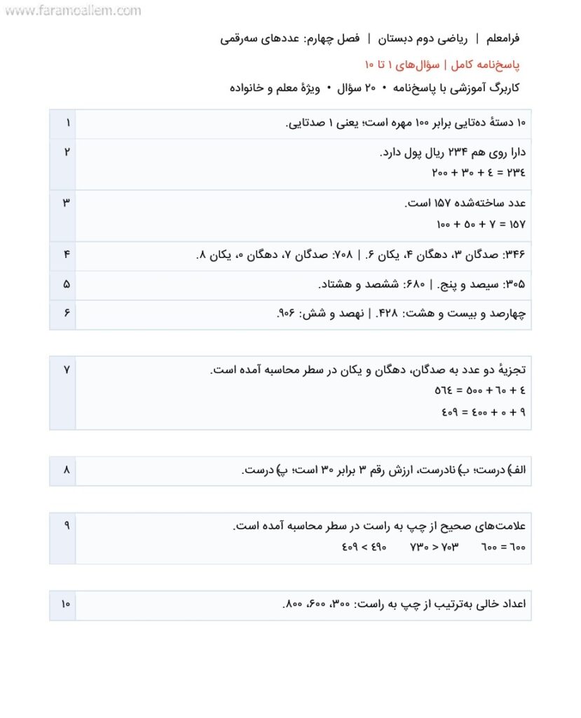 کاربرگ ریاضی دوم فصل 4 : عددهای سه‌رقمی + پاسخنامه صفحه شماره 7