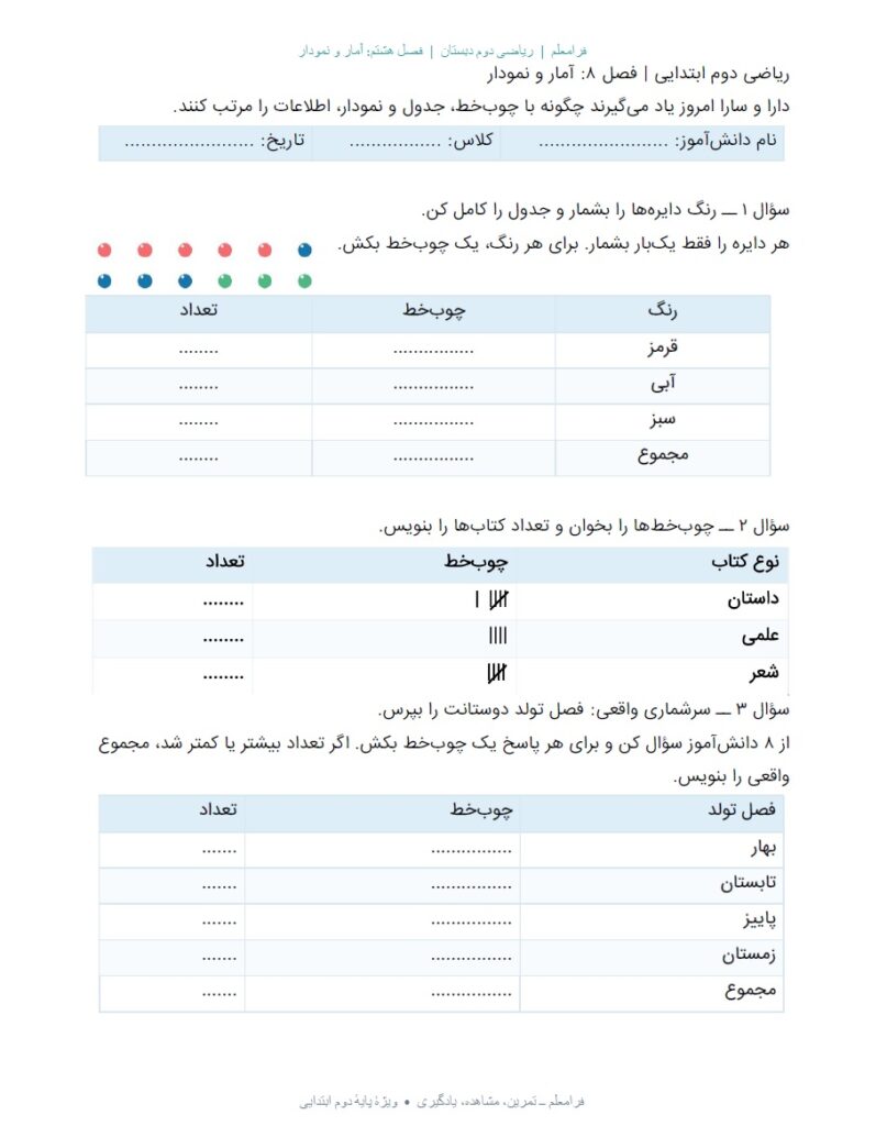 کاربرگ ریاضی دوم فصل 8 : آمار و نمودار + پاسخنامه صفحه 2