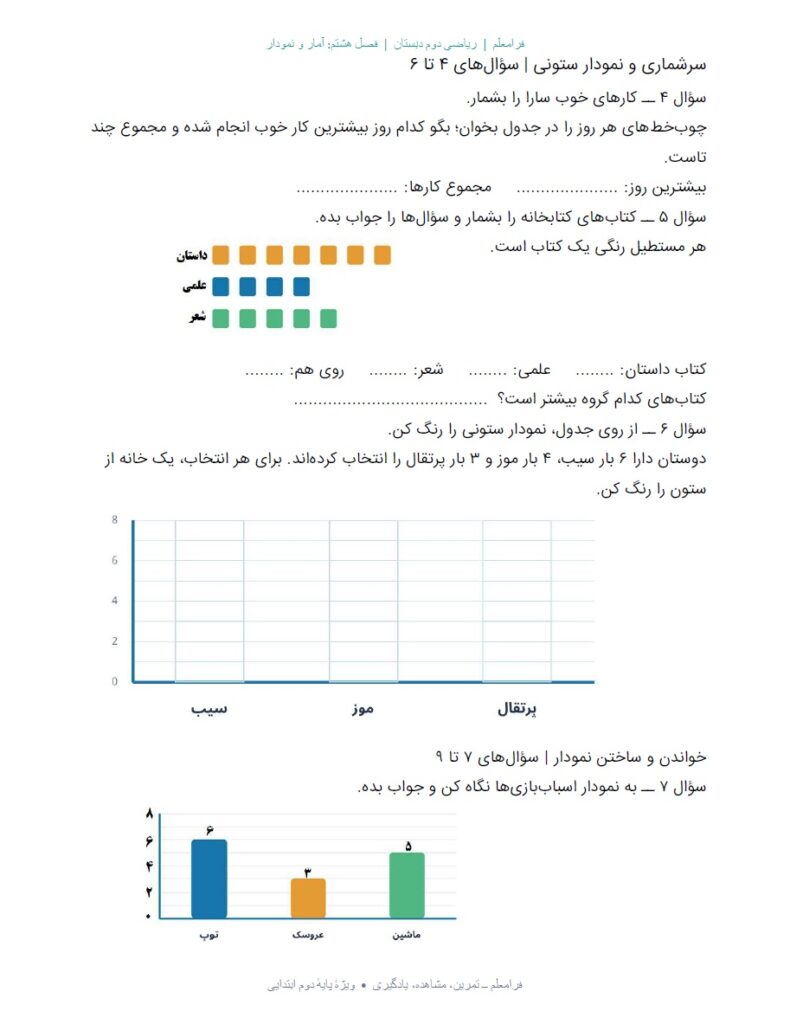 کاربرگ ریاضی دوم فصل 8 : آمار و نمودار + پاسخنامه صفحه 3